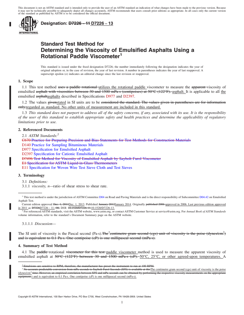 REDLINE ASTM D7226-13 - Standard Test Method for  Determining the Viscosity of Emulsified Asphalts Using a Rotational  Paddle Viscometer