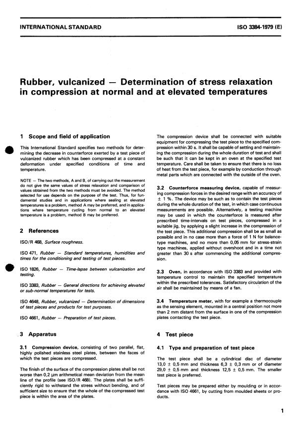 ISO 3384:1979 - Rubber, vulcanized -- Determination of stress relaxation in compression at normal and at elevated temperatures