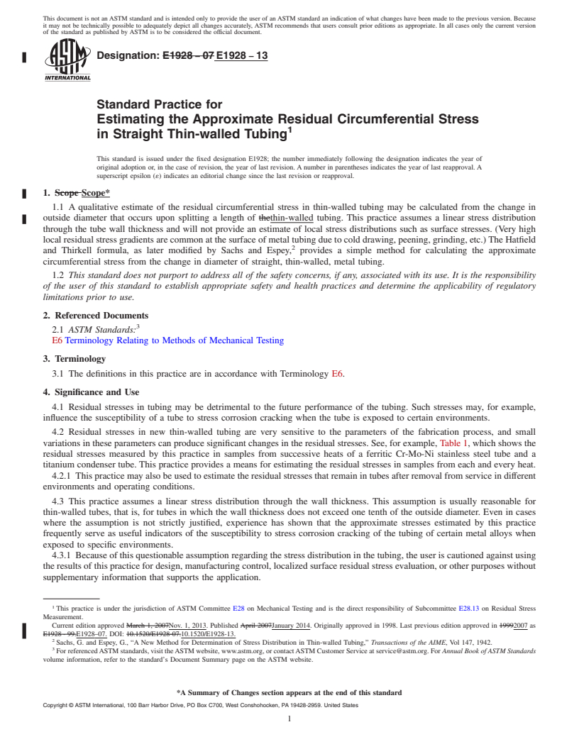 REDLINE ASTM E1928-13 - Standard Practice for  Estimating the Approximate Residual Circumferential Stress  in Straight Thin-walled Tubing