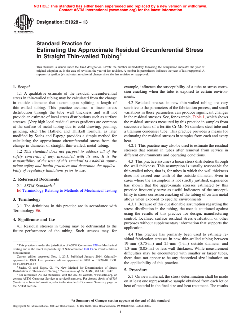 ASTM E1928-13 - Standard Practice for  Estimating the Approximate Residual Circumferential Stress  in Straight Thin-walled Tubing