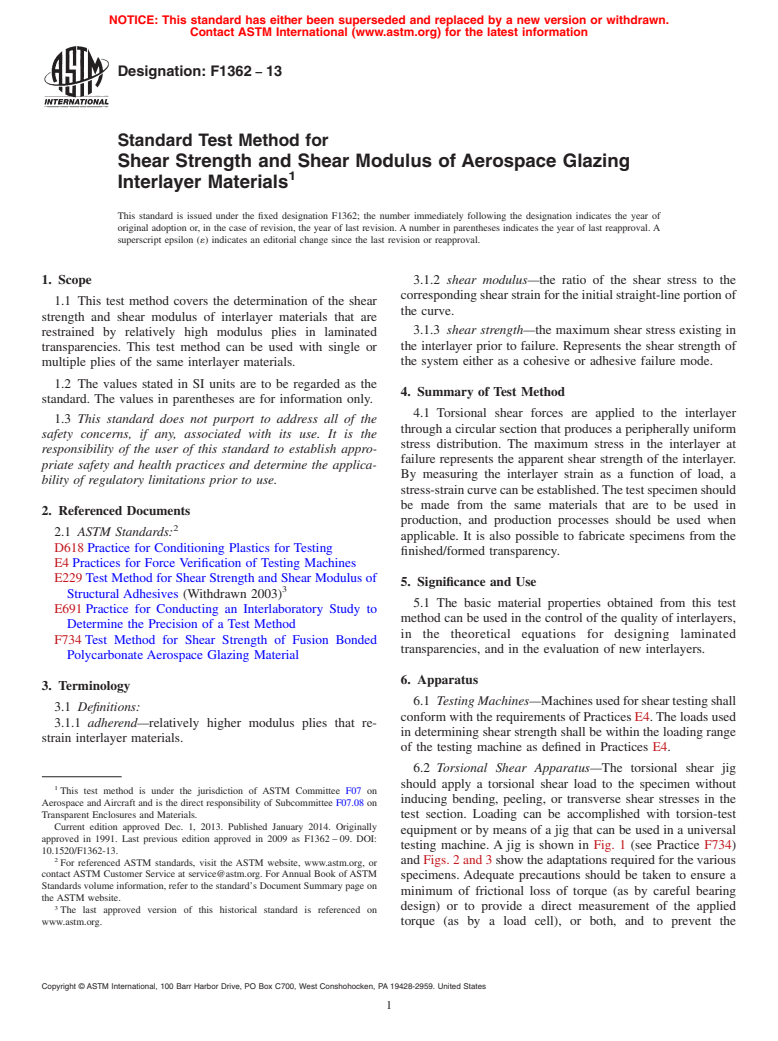ASTM F1362-13 - Standard Test Method for  Shear Strength and Shear Modulus of Aerospace Glazing Interlayer  Materials