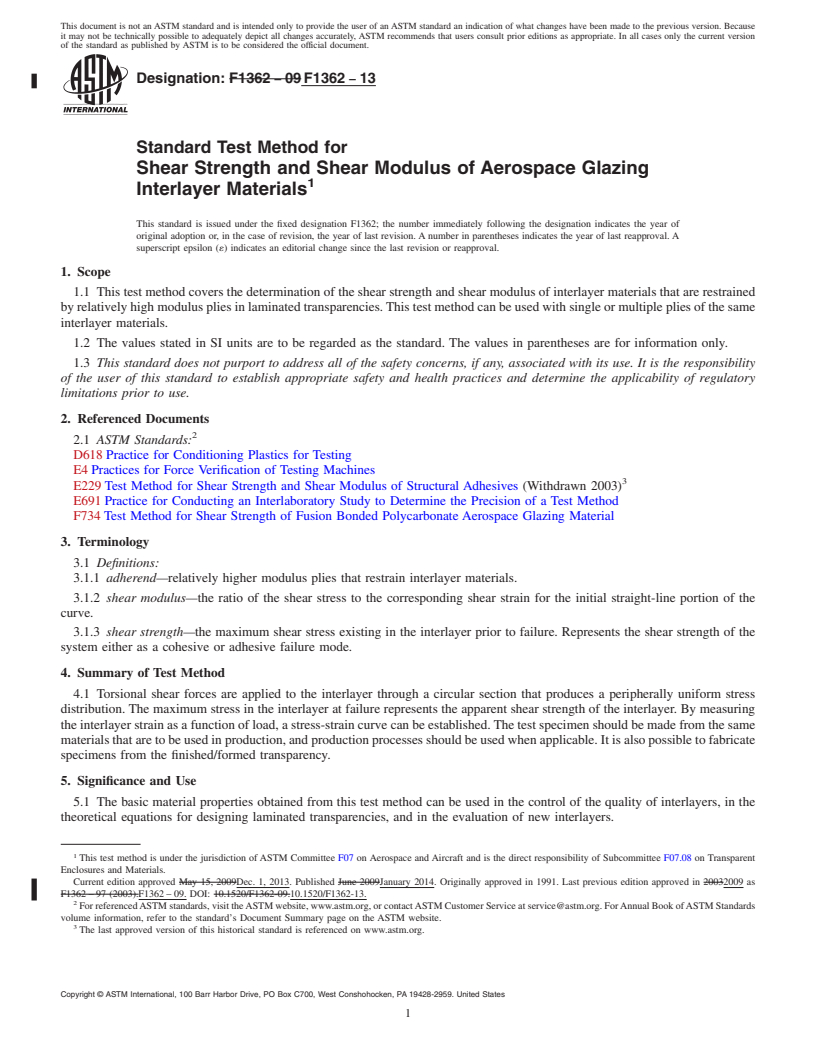 REDLINE ASTM F1362-13 - Standard Test Method for  Shear Strength and Shear Modulus of Aerospace Glazing Interlayer  Materials