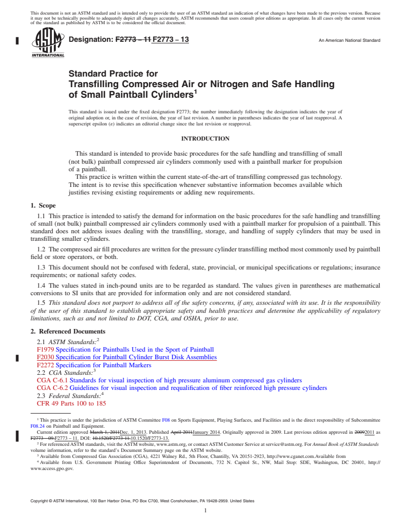 REDLINE ASTM F2773-13 - Standard Practice for Transfilling Compressed Air or Nitrogen and Safe Handling of  Small Paintball Cylinders