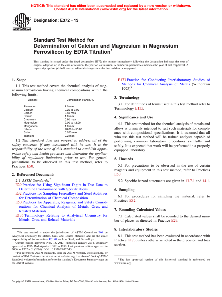 ASTM E372-13 - Standard Test Method for  Determination of Calcium and Magnesium in Magnesium Ferrosilicon  by EDTA Titration