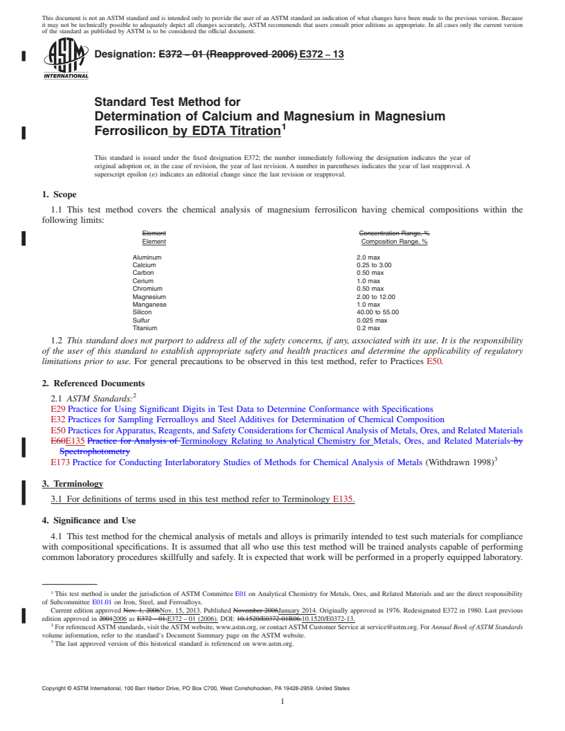 REDLINE ASTM E372-13 - Standard Test Method for  Determination of Calcium and Magnesium in Magnesium Ferrosilicon  by EDTA Titration