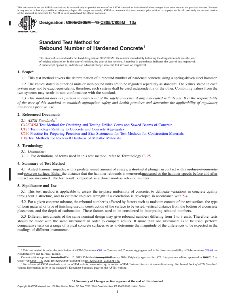 REDLINE ASTM C805/C805M-13a - Standard Test Method for  Rebound Number of Hardened Concrete