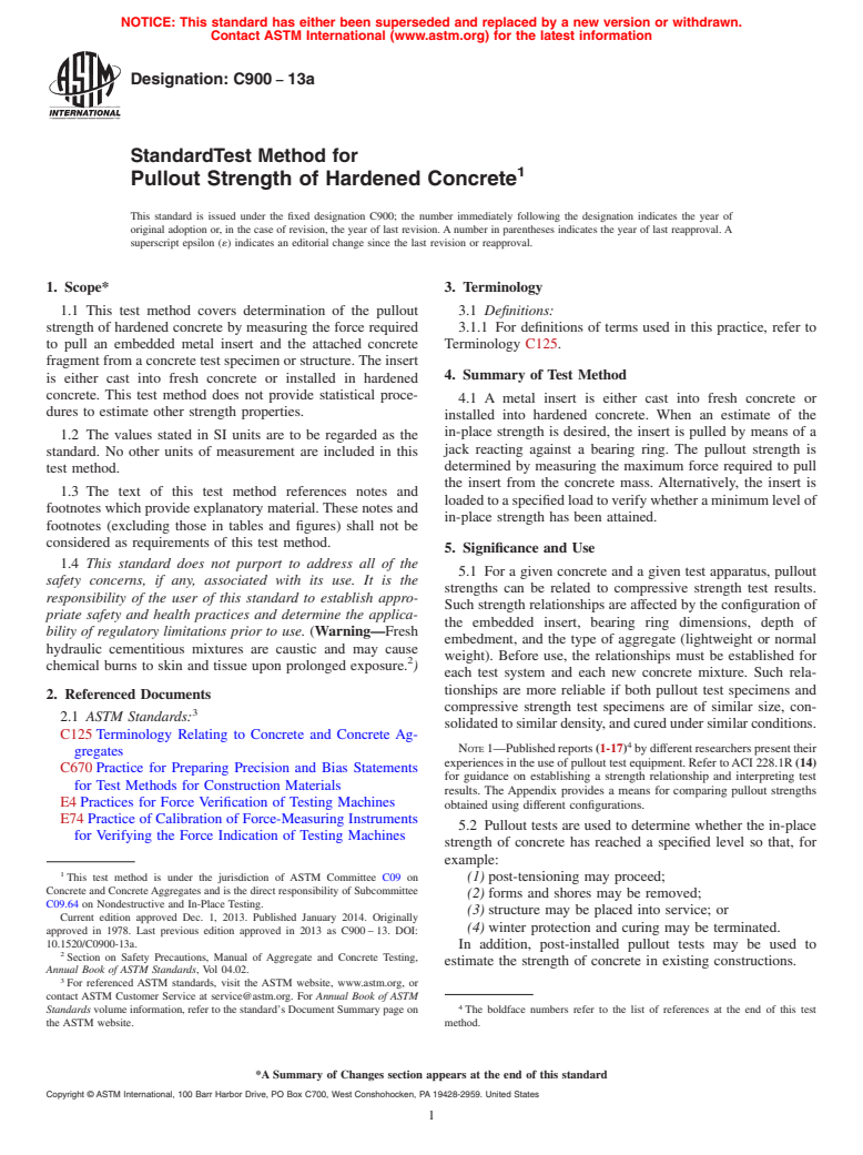 ASTM C900-13a - Standard Test Method for  Pullout Strength of Hardened Concrete