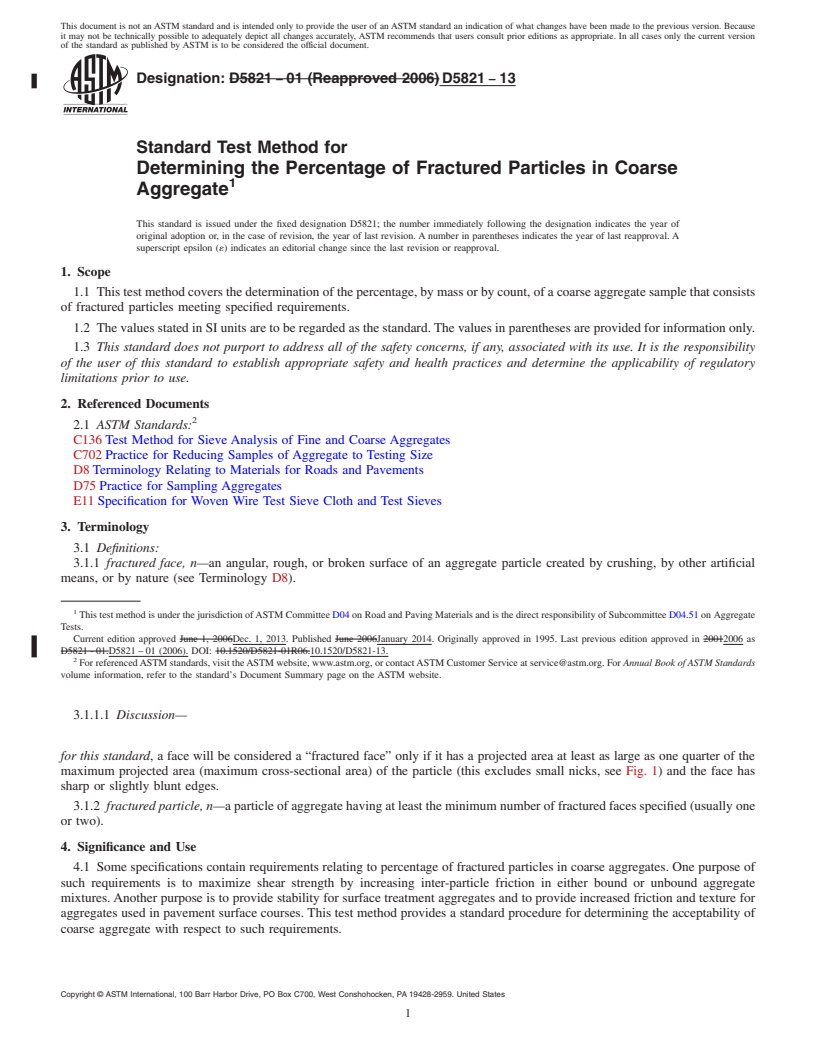 REDLINE ASTM D5821-13 - Standard Test Method for  Determining the Percentage of Fractured Particles in Coarse  Aggregate