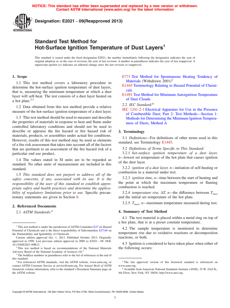 ASTM E2021-09(2013) - Standard Test Method for  Hot-Surface Ignition Temperature of Dust Layers