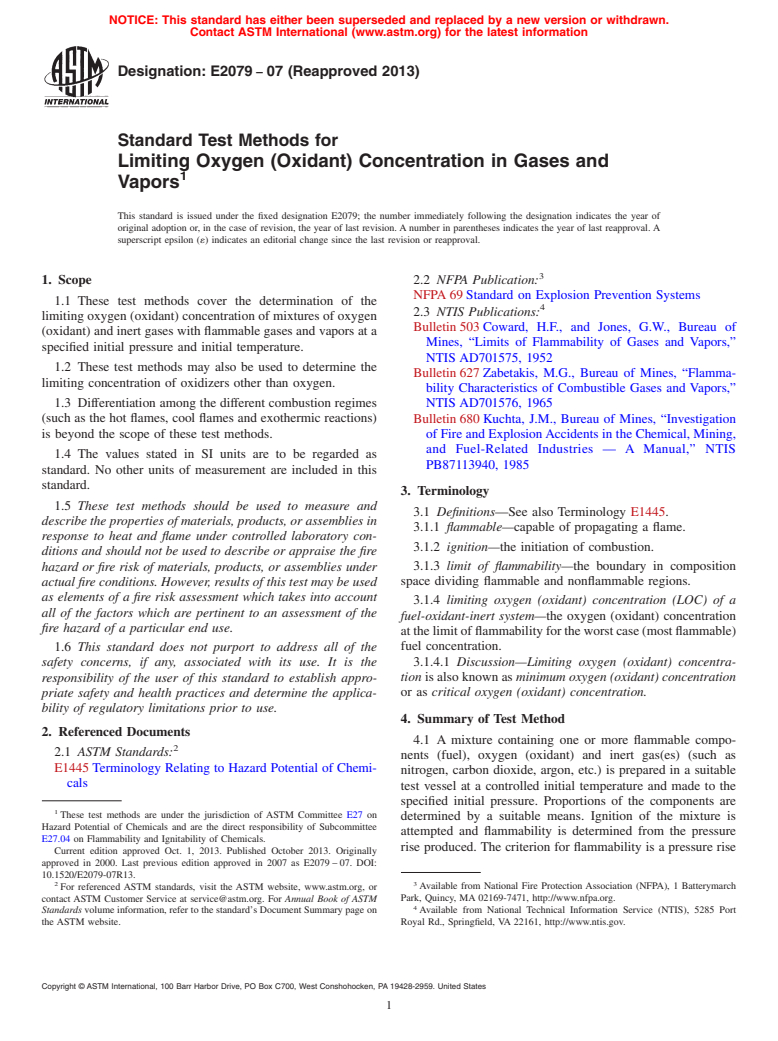 ASTM E2079-07(2013) - Standard Test Methods for  Limiting Oxygen &#40;Oxidant&#41; Concentration in Gases and Vapors