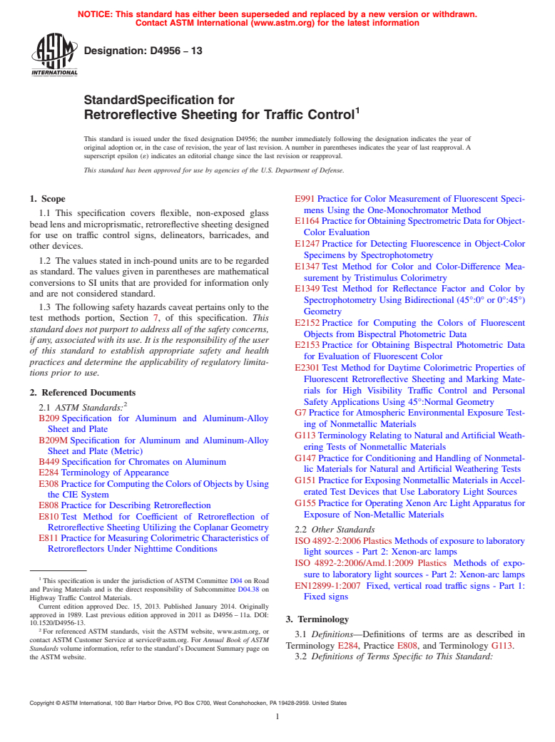ASTM D4956-13 - Standard Specification for  Retroreflective Sheeting for Traffic Control