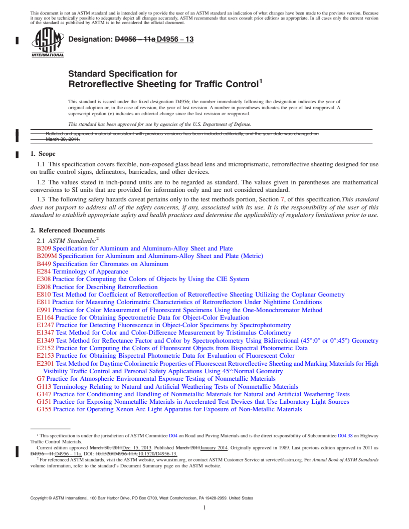 REDLINE ASTM D4956-13 - Standard Specification for  Retroreflective Sheeting for Traffic Control