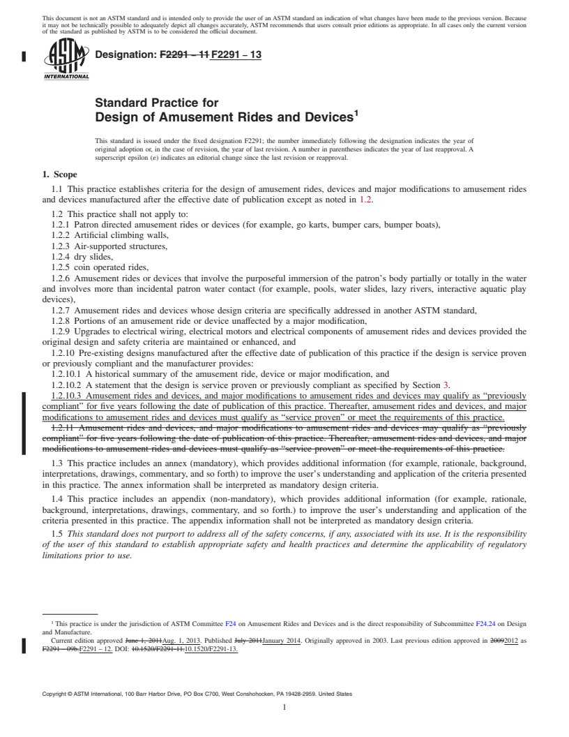 REDLINE ASTM F2291-13 - Standard Practice for  Design of Amusement Rides and Devices