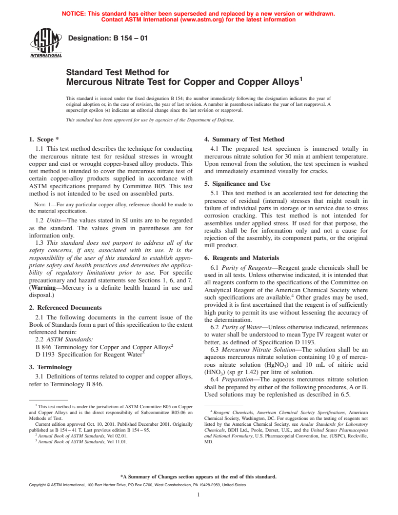 ASTM B154-01 - Standard Test Method for Mercurous Nitrate Test for Copper and Copper Alloys