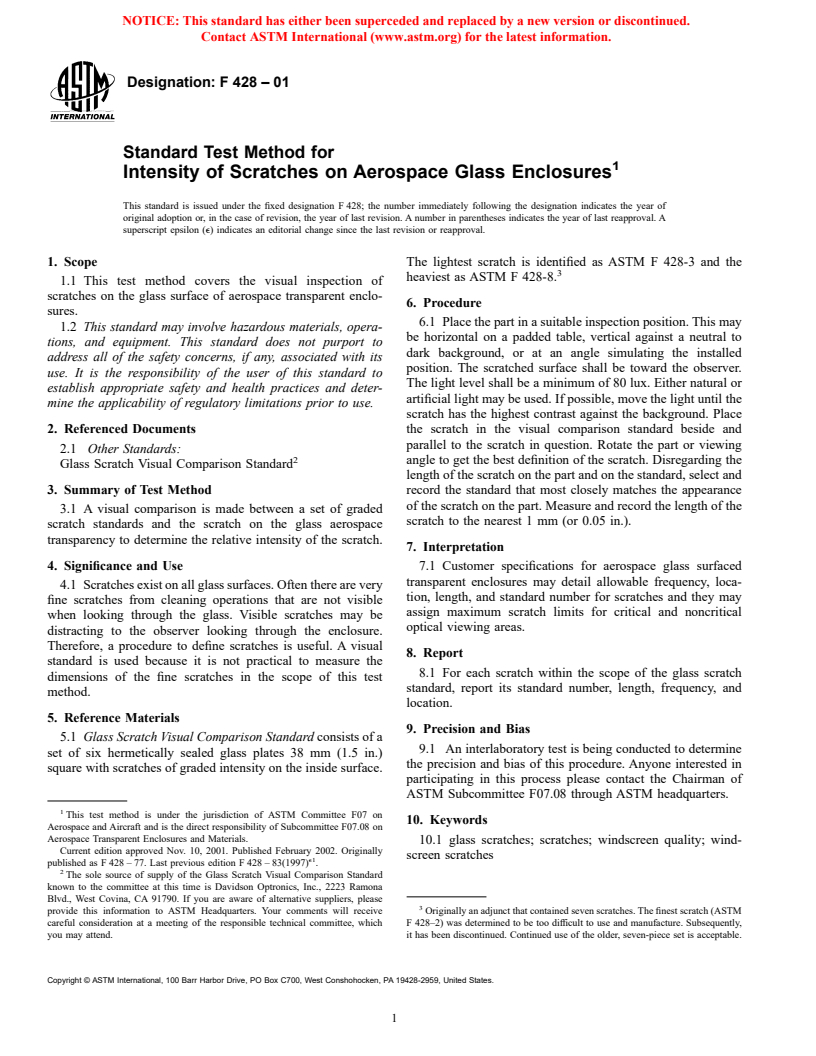 ASTM F428-01 - Standard Test Method for Intensity of Scratches on Aerospace Glass Enclosures