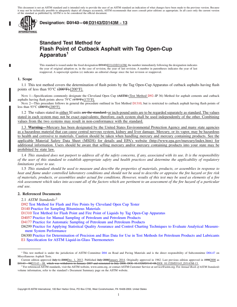 REDLINE ASTM D3143/D3143M-13 - Standard Test Method for  Flash Point of Cutback Asphalt with Tag Open-Cup Apparatus