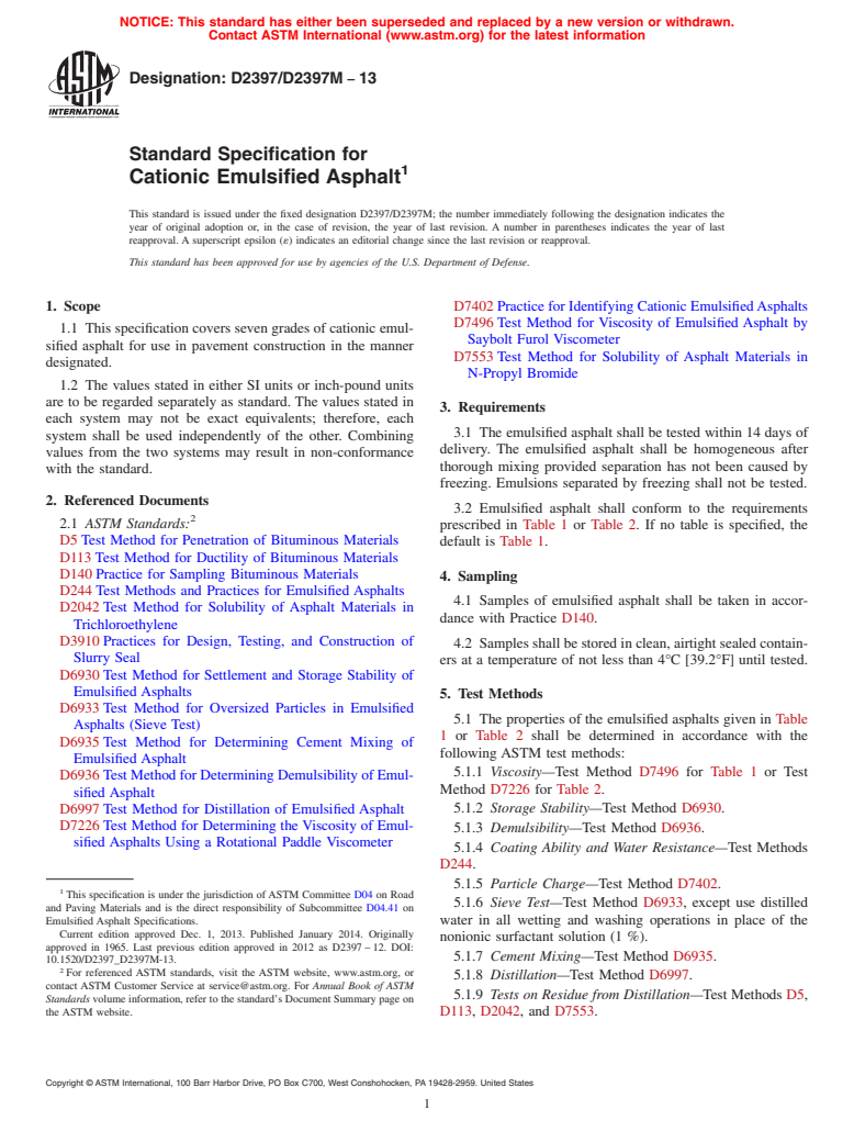 ASTM D2397/D2397M-13 - Standard Specification for Cationic Emulsified Asphalt