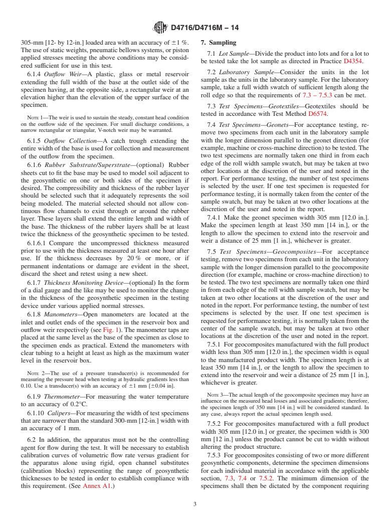 ASTM D4716/D4716M-14 - Standard Test Method for Determining the (In-plane) Flow Rate per Unit Width and Hydraulic Transmissivity of a Geosynthetic Using a Constant Head