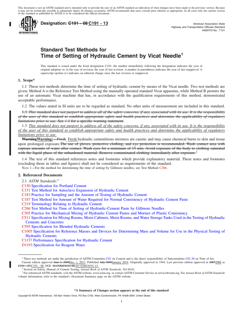 REDLINE ASTM C191-13 - Standard Test Methods for  Time of Setting of Hydraulic Cement by Vicat Needle