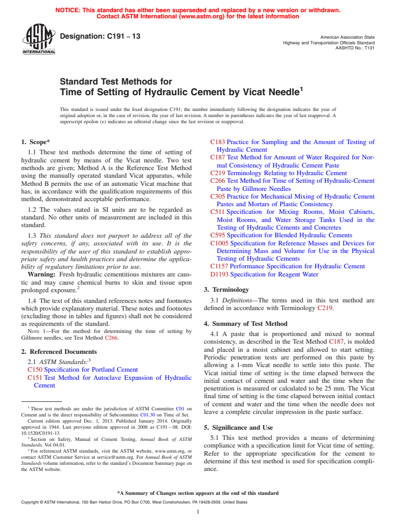 ASTM C191-13 - Standard Test Methods for  Time of Setting of Hydraulic Cement by Vicat Needle