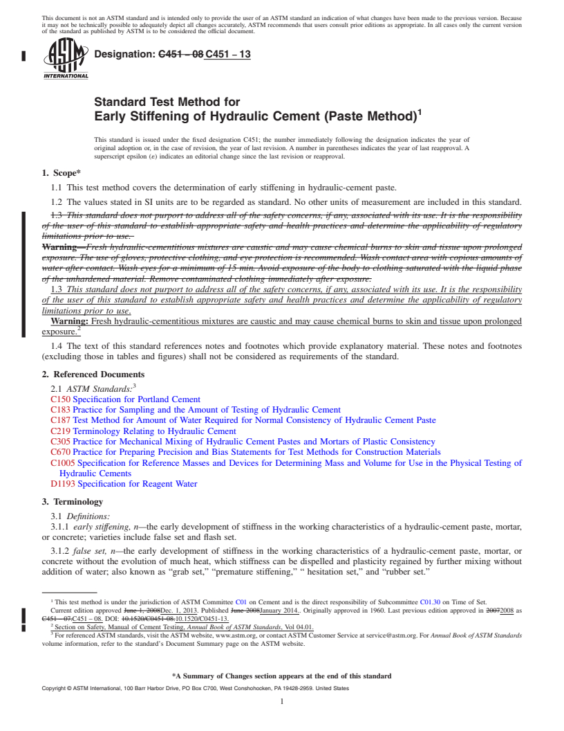 REDLINE ASTM C451-13 - Standard Test Method for  Early Stiffening of Hydraulic Cement &#40;Paste Method&#41;