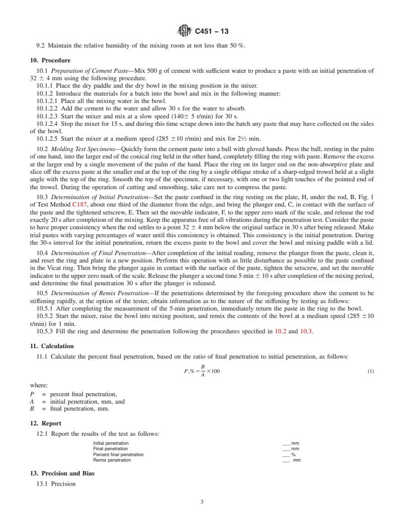 REDLINE ASTM C451-13 - Standard Test Method for  Early Stiffening of Hydraulic Cement &#40;Paste Method&#41;