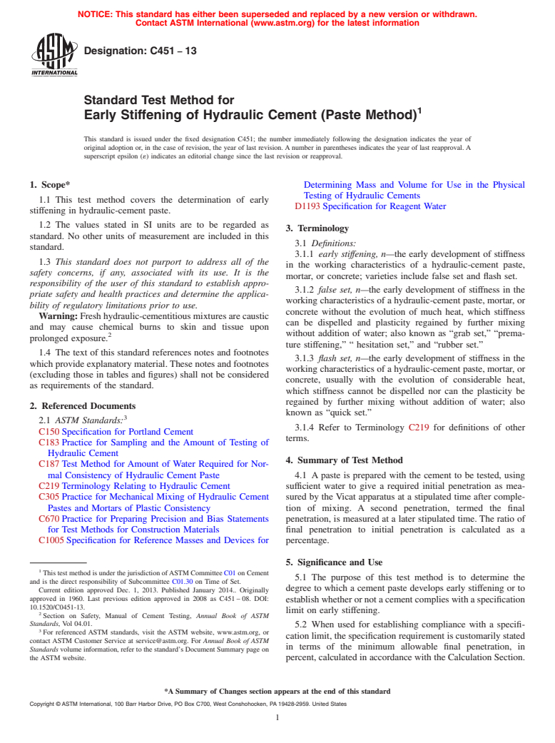 ASTM C451-13 - Standard Test Method for  Early Stiffening of Hydraulic Cement &#40;Paste Method&#41;