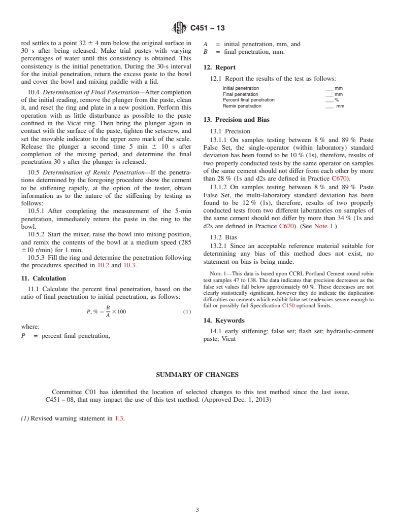 ASTM C451-13 - Standard Test Method for  Early Stiffening of Hydraulic Cement &#40;Paste Method&#41;