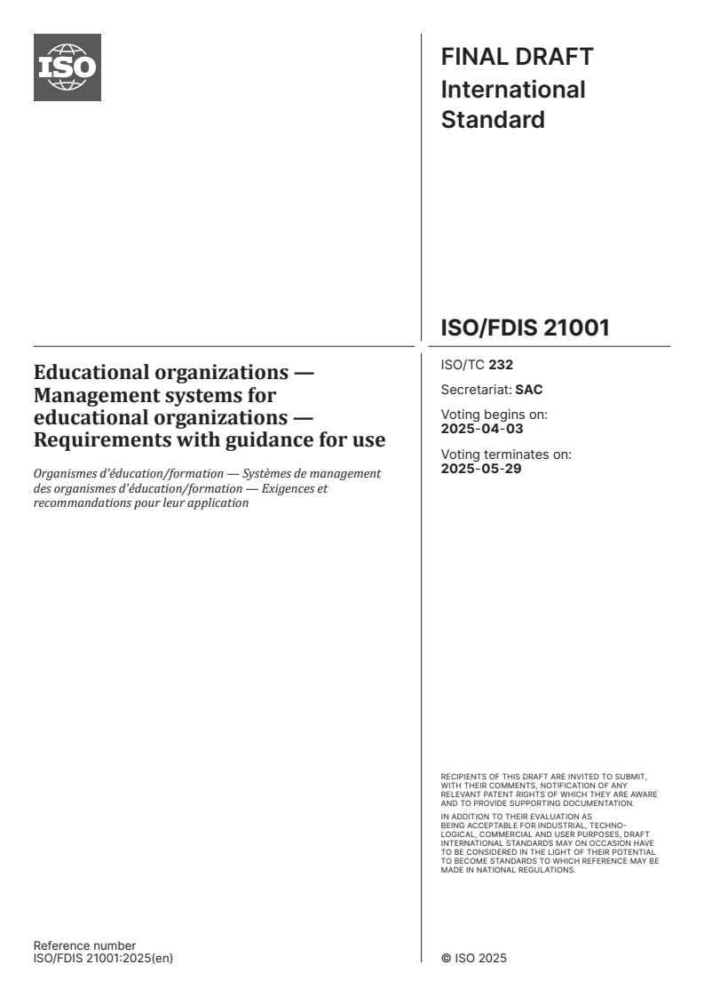 ISO/FDIS 21001 - Educational organizations — Management systems for educational organizations — Requirements with guidance for use
Released:20. 03. 2025