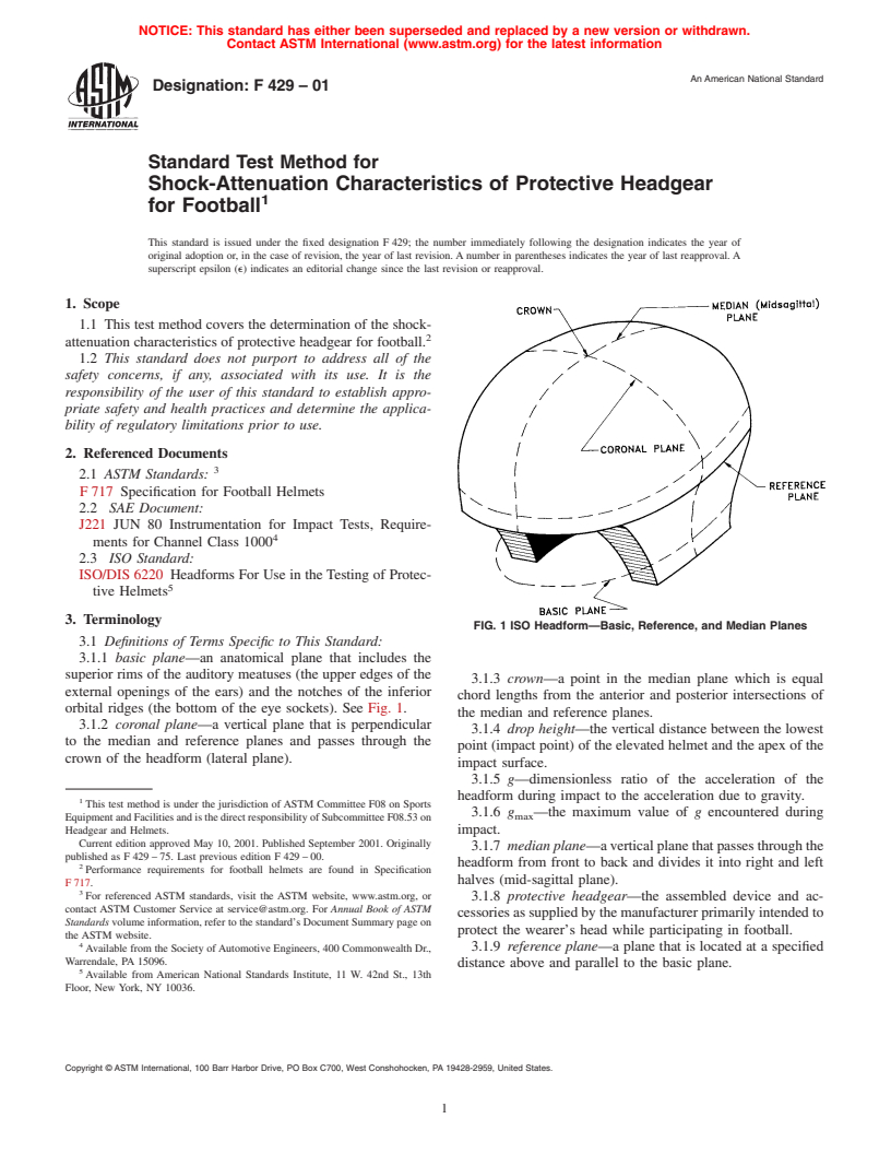 ASTM F429-01 - Standard Test Method for Shock-Attenuation Characteristics of Protective Headgear for Football