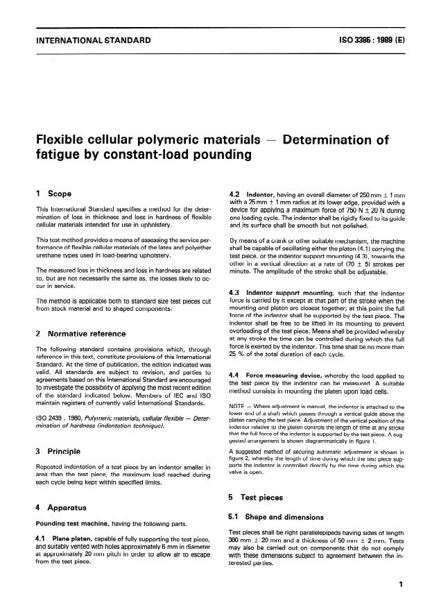 ISO 3385:1989 - Flexible cellular polymeric materials -- Determination of fatigue by constant-load pounding