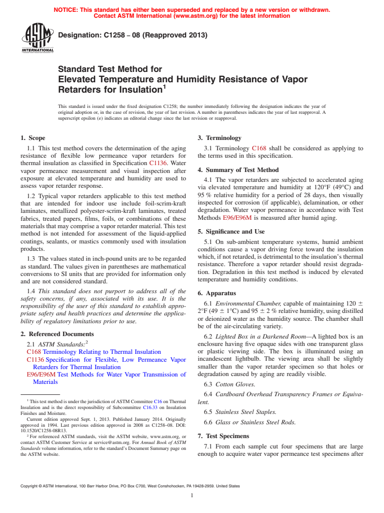 ASTM C1258-08(2013) - Standard Test Method for  Elevated Temperature and Humidity Resistance of Vapor Retarders  for Insulation