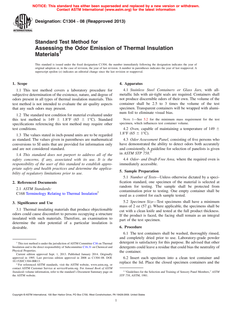 ASTM C1304-08(2013) - Standard Test Method for  Assessing the Odor Emission of Thermal Insulation Materials