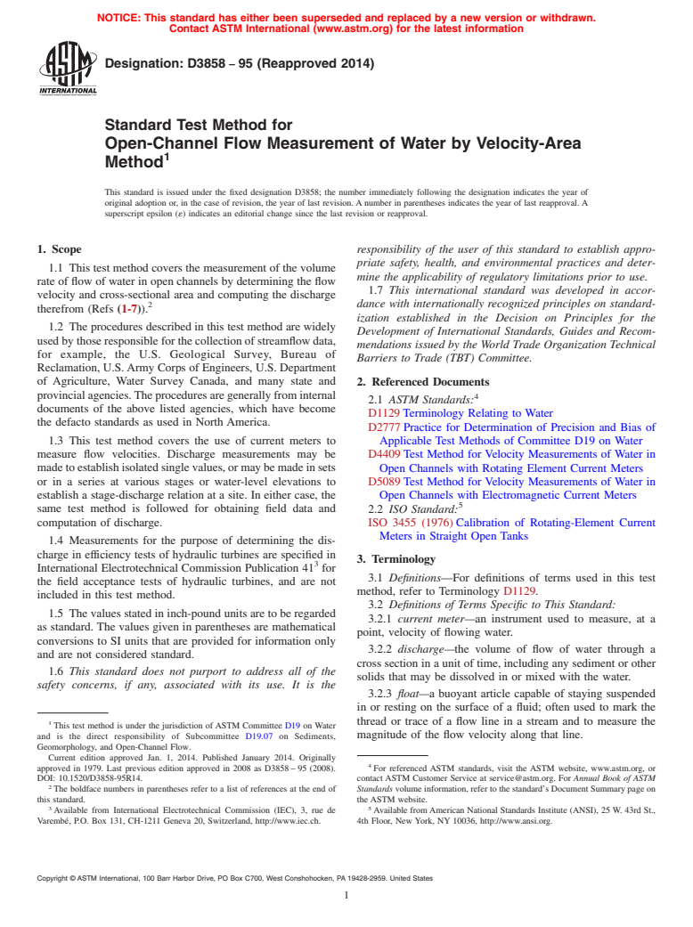 ASTM D3858-95(2014) - Standard Test Method for  Open-Channel Flow Measurement of Water by Velocity-Area Method (Withdrawn 2023)