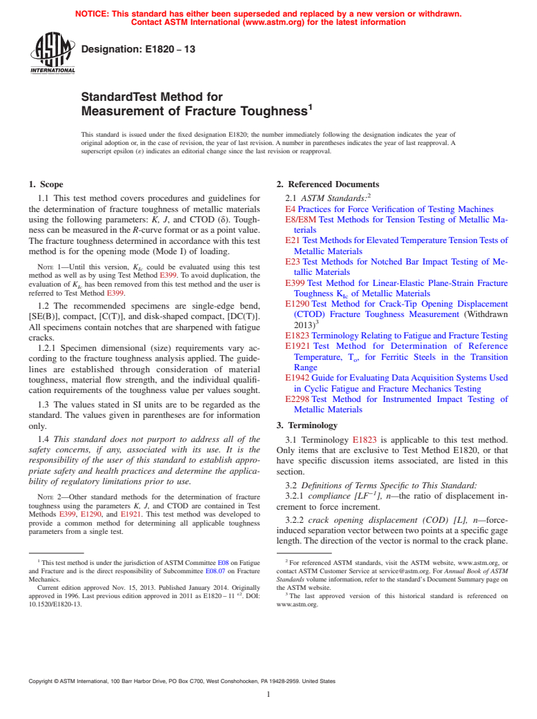 ASTM E1820-13 - Standard Test Method for  Measurement of Fracture Toughness