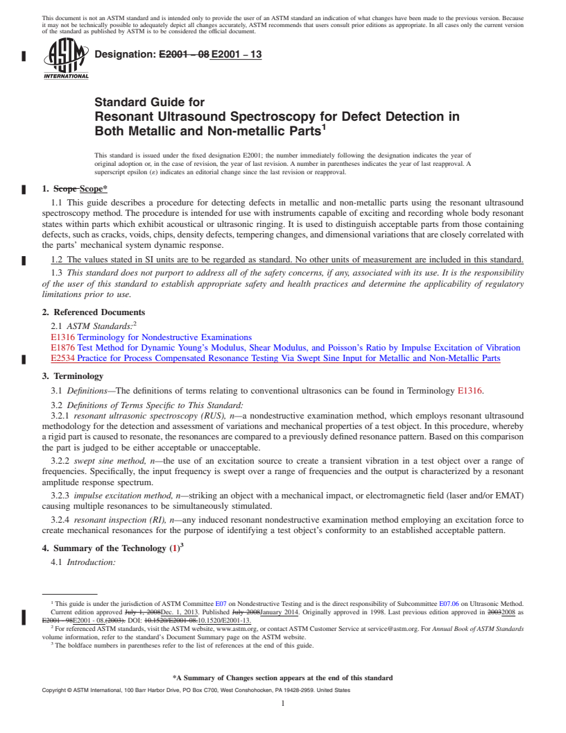 REDLINE ASTM E2001-13 - Standard Guide for  Resonant Ultrasound Spectroscopy for Defect Detection in Both  Metallic and Non-metallic Parts