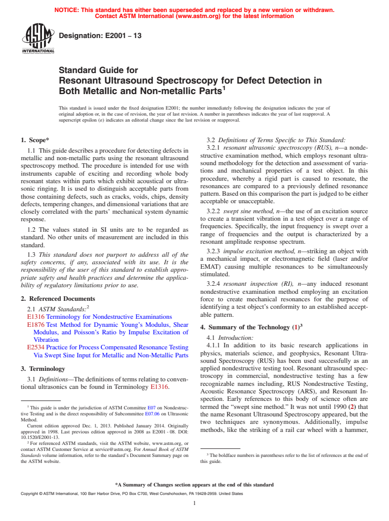 ASTM E2001-13 - Standard Guide for  Resonant Ultrasound Spectroscopy for Defect Detection in Both  Metallic and Non-metallic Parts