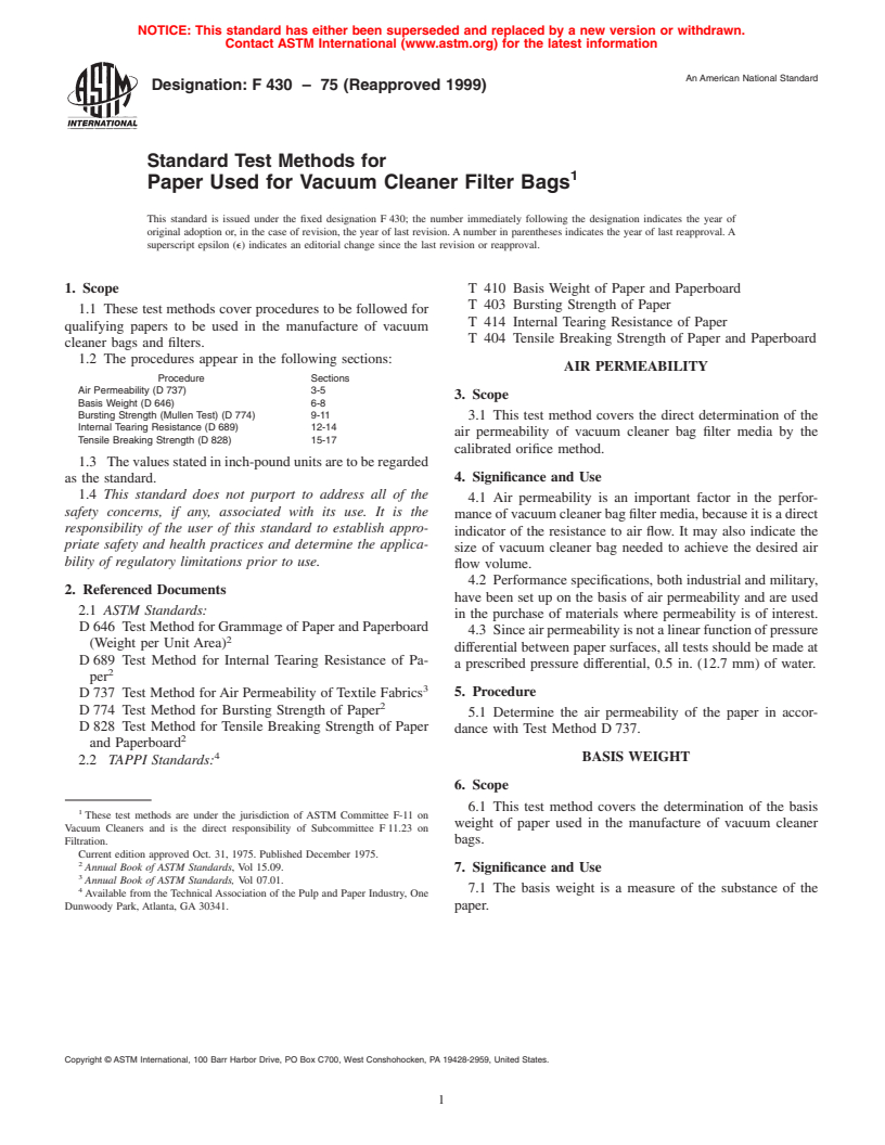 ASTM F430-75(1999) - Standard Test Methods for Paper Used for Vacuum Cleaner Filter Bags