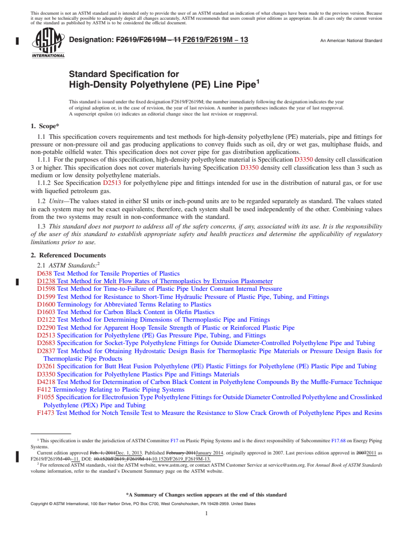 REDLINE ASTM F2619/F2619M-13 - Standard Specification for  High-Density Polyethylene &#40;PE&#41; Line Pipe