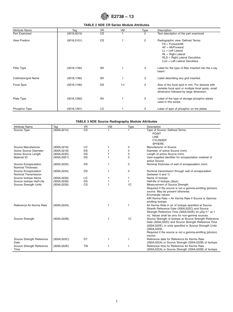 ASTM E2738-13 - Standard Practice for  Digital Imaging and Communication Nondestructive Evaluation  &#40;DICONDE&#41; for Computed Radiography &#40;CR&#41; Test Methods