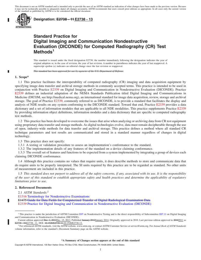 REDLINE ASTM E2738-13 - Standard Practice for  Digital Imaging and Communication Nondestructive Evaluation  &#40;DICONDE&#41; for Computed Radiography &#40;CR&#41; Test Methods