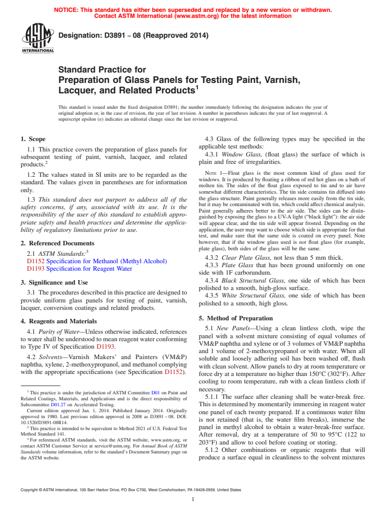 ASTM D3891-08(2014) - Standard Practice for Preparation of Glass Panels for Testing Paint, Varnish, Lacquer,  and Related Products