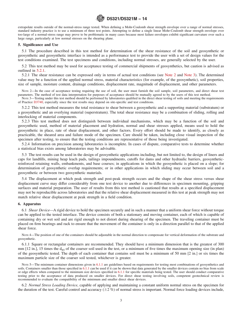 REDLINE ASTM D5321/D5321M-14 - Standard Test Method for  Determining the Shear Strength of Soil-Geosynthetic and Geosynthetic-Geosynthetic  Interfaces by Direct Shear