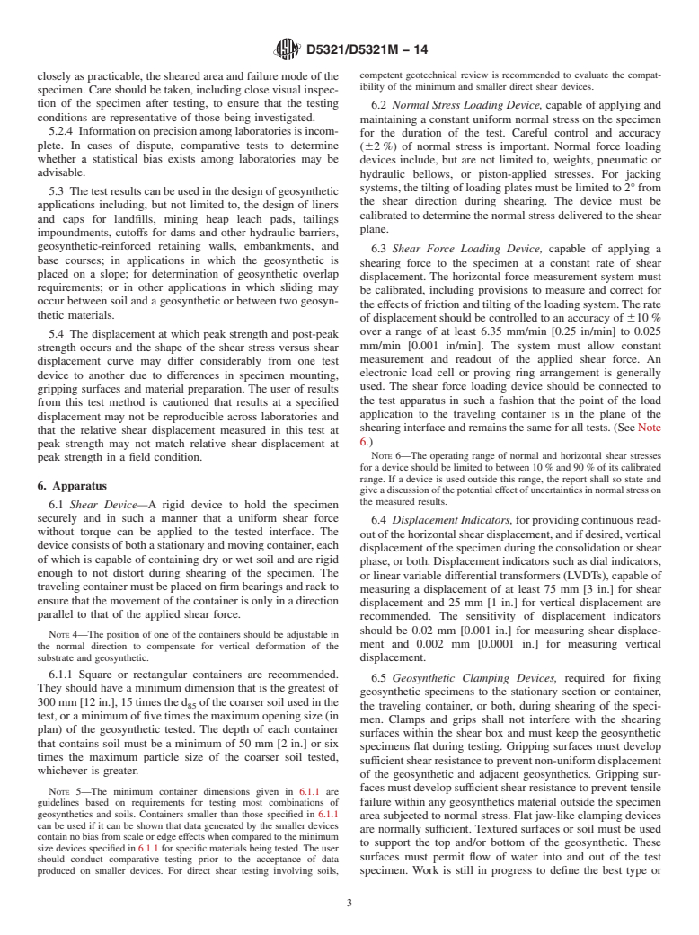 ASTM D5321/D5321M-14 - Standard Test Method for  Determining the Shear Strength of Soil-Geosynthetic and Geosynthetic-Geosynthetic  Interfaces by Direct Shear