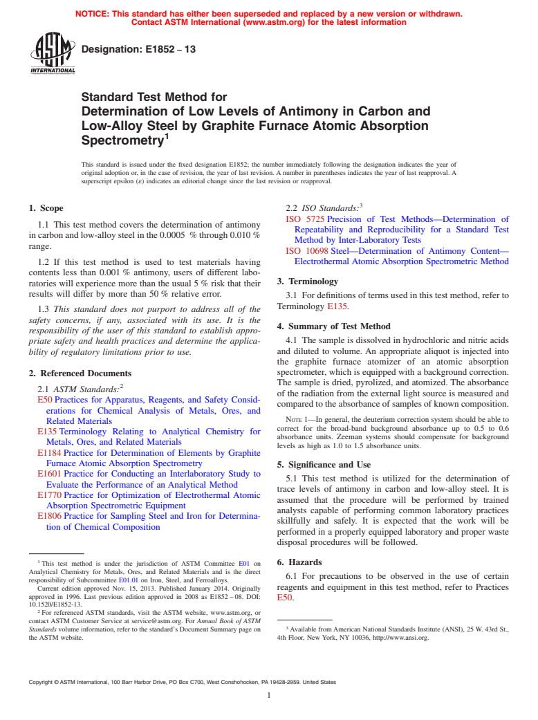 ASTM E1852-13 - Standard Test Method for  Determination of Low Levels of Antimony in Carbon and Low-Alloy  Steel   by Graphite Furnace Atomic Absorption Spectrometry