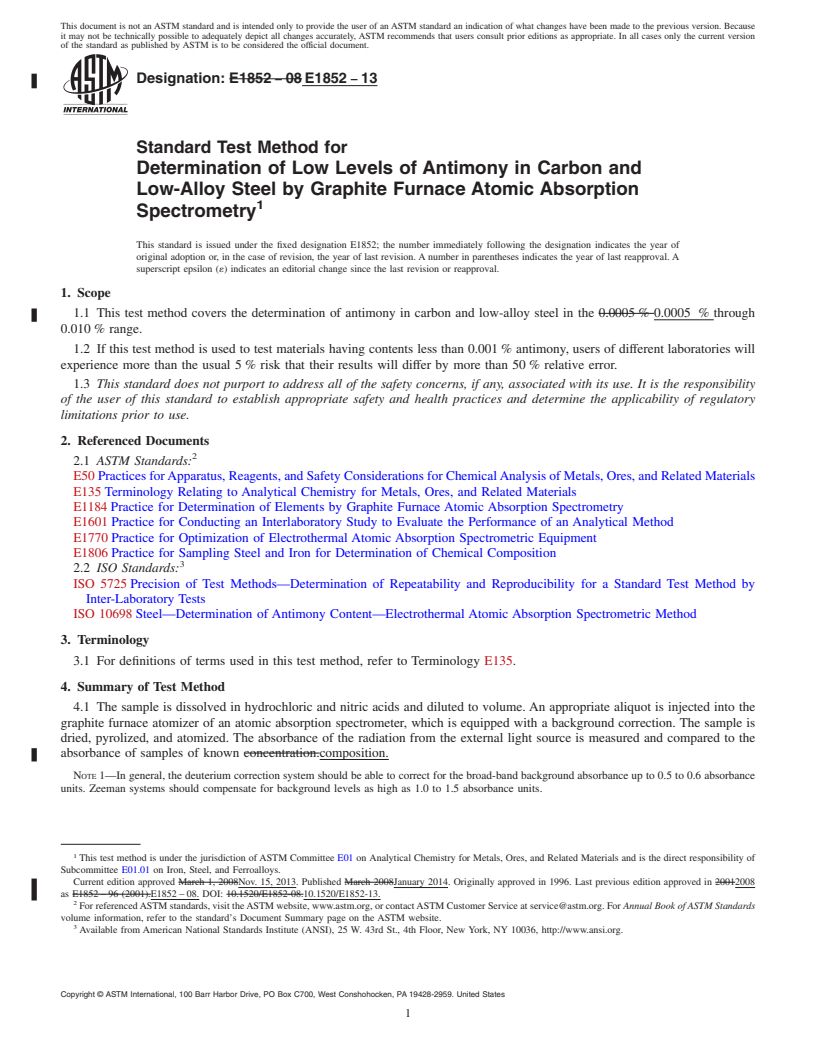 REDLINE ASTM E1852-13 - Standard Test Method for  Determination of Low Levels of Antimony in Carbon and Low-Alloy  Steel   by Graphite Furnace Atomic Absorption Spectrometry