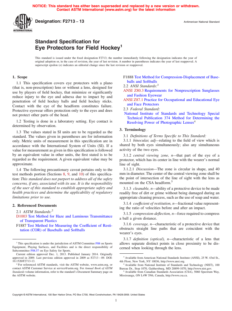 ASTM F2713-13 - Standard Specification for  Eye Protectors for Field Hockey