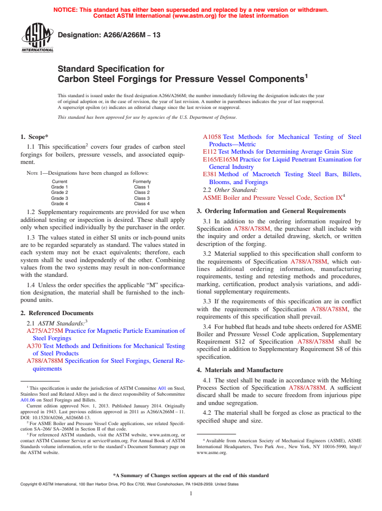 ASTM A266/A266M-13 - Standard Specification for  Carbon Steel Forgings for Pressure Vessel Components