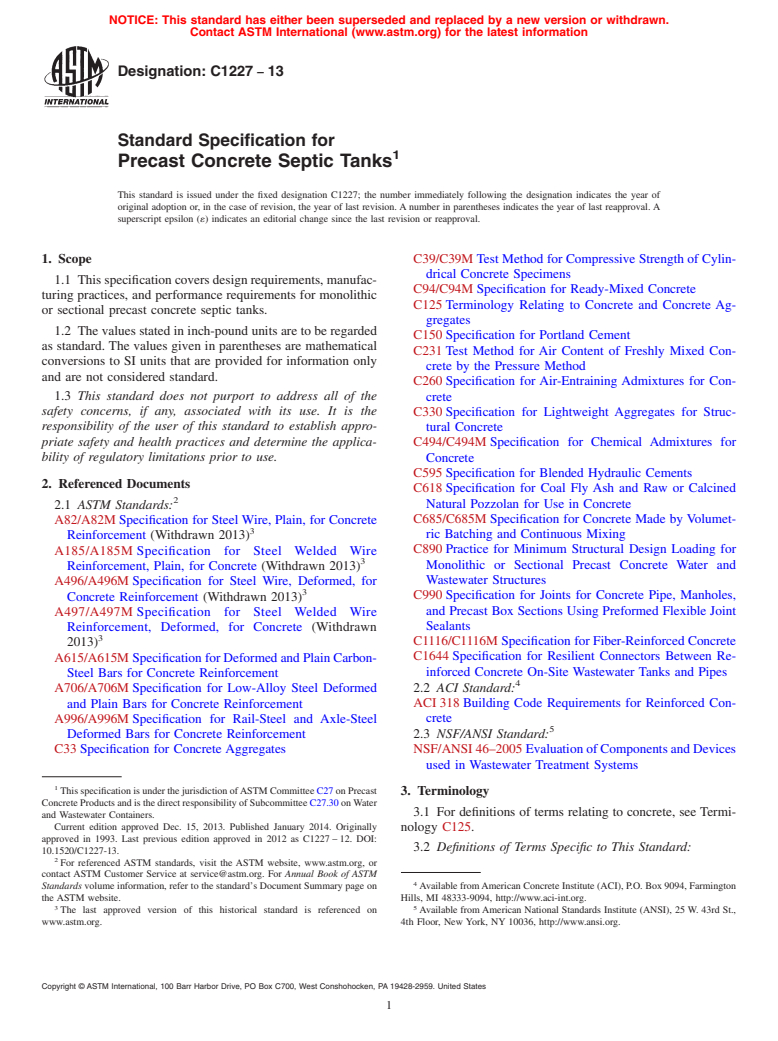 ASTM C1227-13 - Standard Specification for  Precast Concrete Septic Tanks