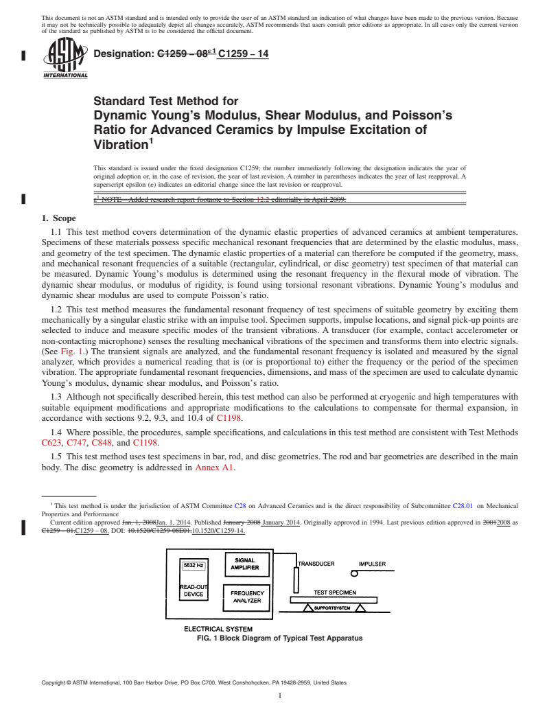 REDLINE ASTM C1259-14 - Standard Test Method for  Dynamic Young&rsquo;s Modulus, Shear Modulus, and Poisson&rsquo;s Ratio   for Advanced Ceramics by Impulse Excitation of Vibration